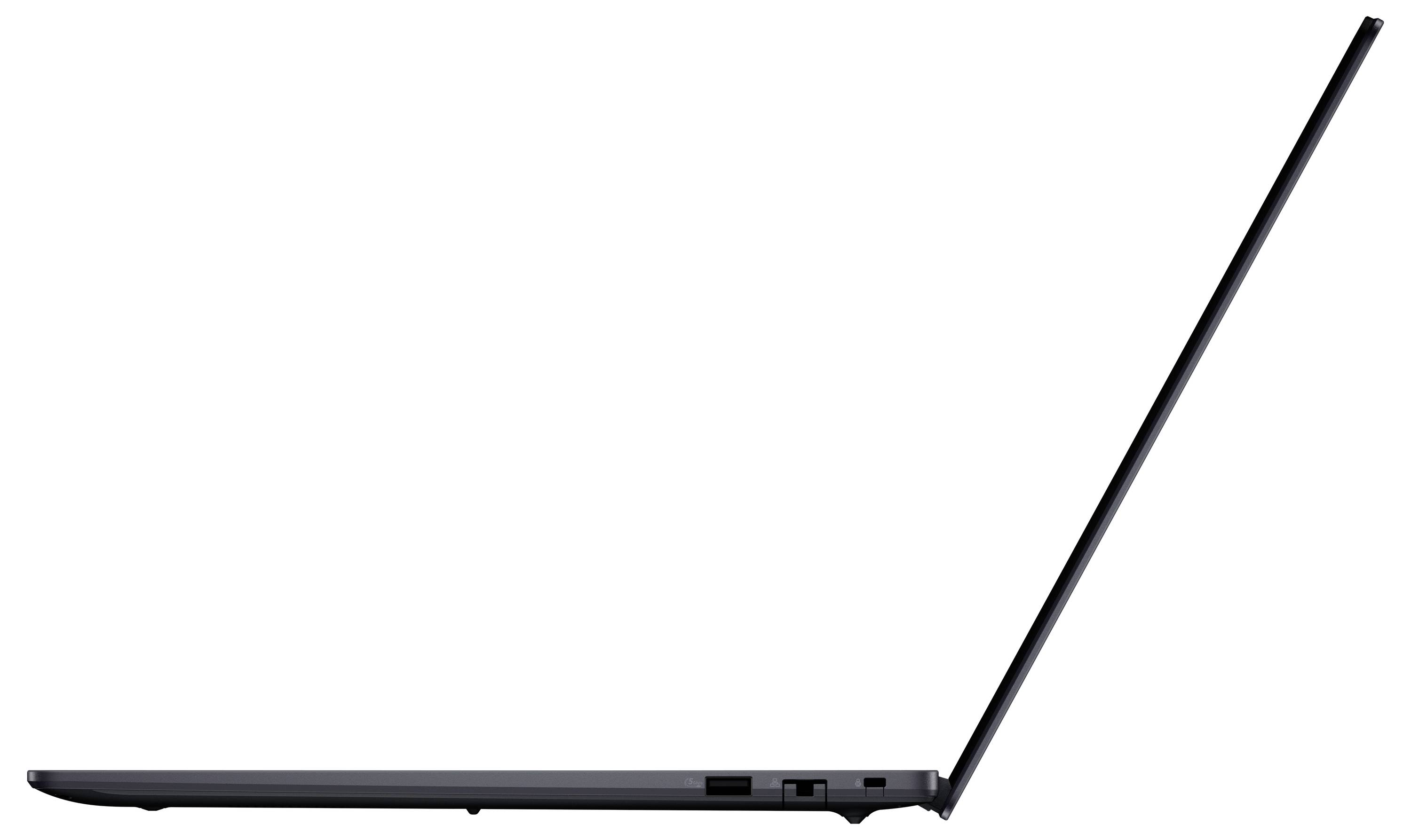 Seitenansicht eines schlanken schwarzen Laptops, der in einem Winkel von etwa 110 Grad geöffnet ist, mit einer langen antennenartigen Stange, die auf der rechten Seite angebracht ist, auf weißem Hintergrund