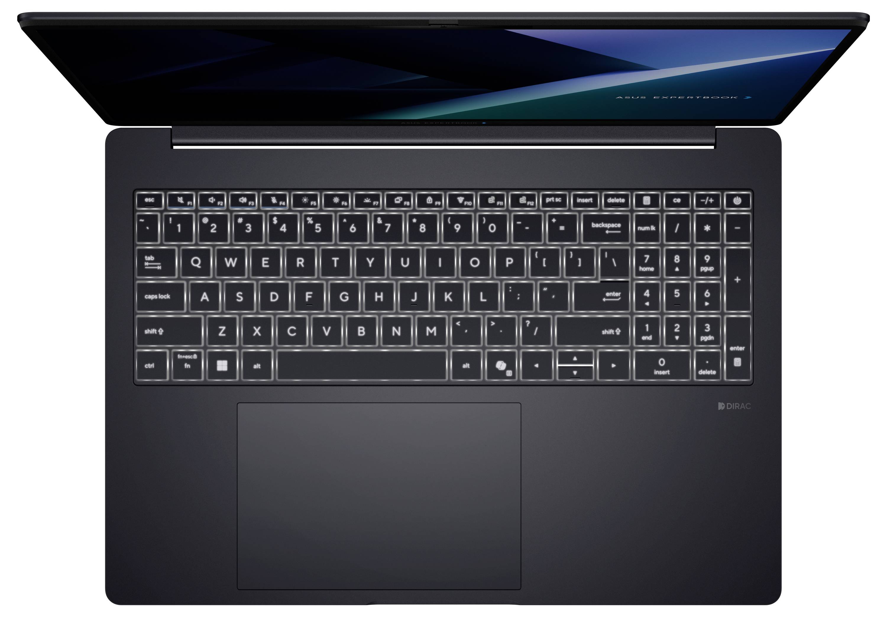 Laptop von oben gezeigt, mit nach hinten geneigtem Bildschirm, vollständiger Tastatur einschließlich Ziffernblock und großem zentriertem Touchpad auf dunklem Gehäuse.