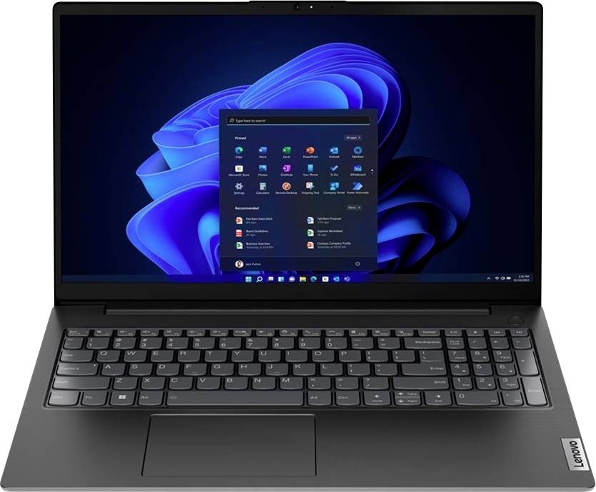 Schwarzer Lenovo-Laptop offen mit Windows 11-Desktop und Start-Menü auf dem Bildschirm angezeigt.