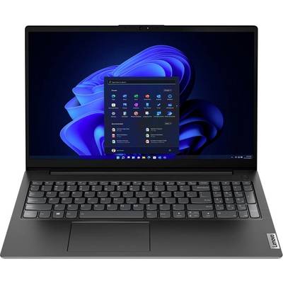 Schwarzer Lenovo-Laptop offen mit Windows 11-Desktop und Start-Menü auf dem Bildschirm angezeigt.