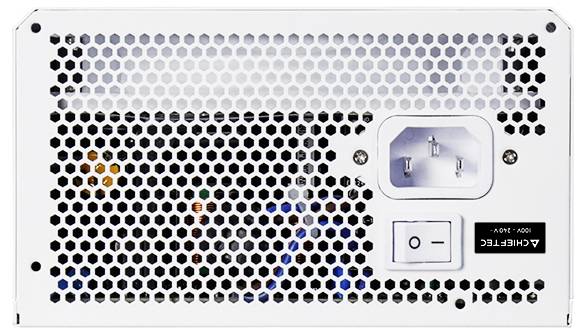 Rückseite eines Computernetzteil mit Wabenbelüftung, AC-Eingang, Ein-/Aus-Schalter und Sicherheitsetikett.