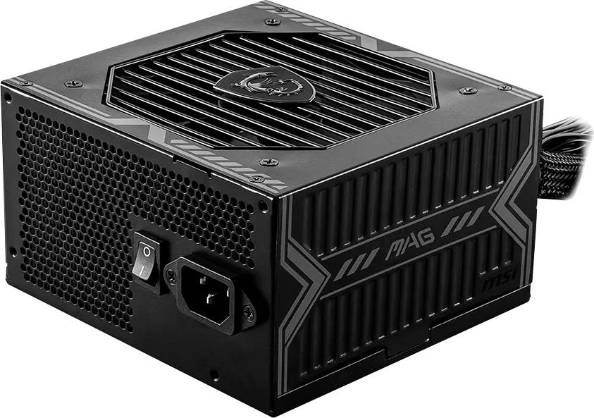 Schwarzes MSI MAG Computernetzteil mit Kühlgitter, Schalter und angeschlossenen Kabeln auf weißem Hintergrund