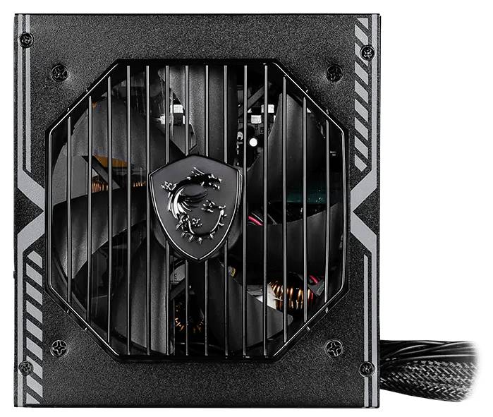Nahaufnahme eines schwarzen MSI-Computernetzteil mit einem Lüfter hinter einem Metallgitter und geflochtenen Kabeln, die von rechts herausragen.