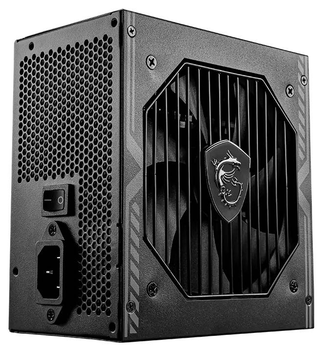 Schwarzes MSI-Stromversorgungsgerät für Computer mit Lüftergitter, Netzschalter und Wechselstromeingangsanschluss.