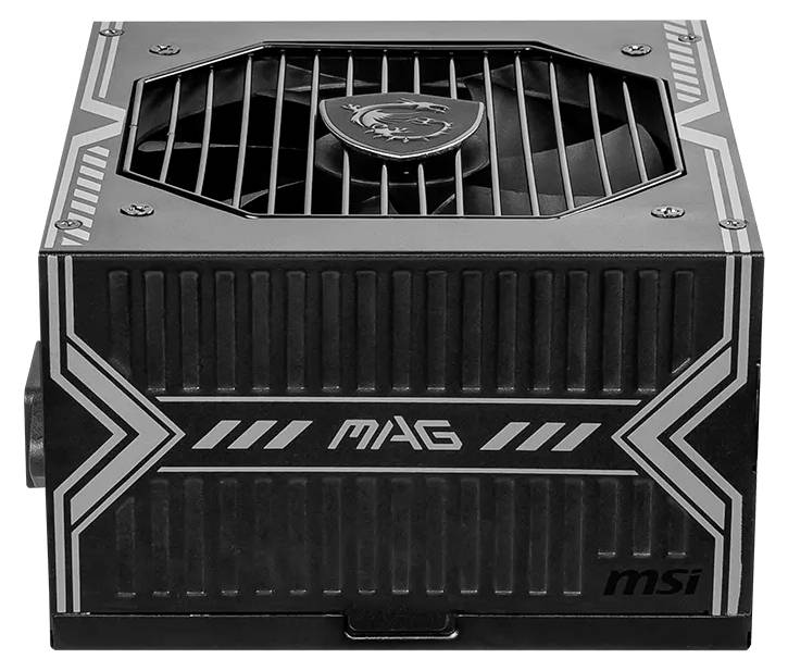 MSI MAG Computer-Stromversorgungseinheit, schwarz mit silbernen Akzenten und belüftetem oberem Gitter.