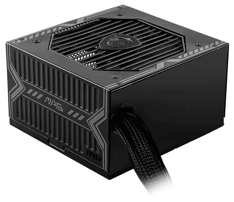 Schwarzes MSI MAG Netzteil mit oberem Lüftergitter und geflochtenetem Kabel, das sich von der Vorderseite erstreckt