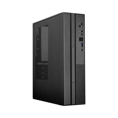 Schwarzes Desktop-Tower-PC-Gehäuse in Dreiviertelperspektive mit vorderen USB- und Audioanschlüssen und einem seitlichen Meshing-Panel.