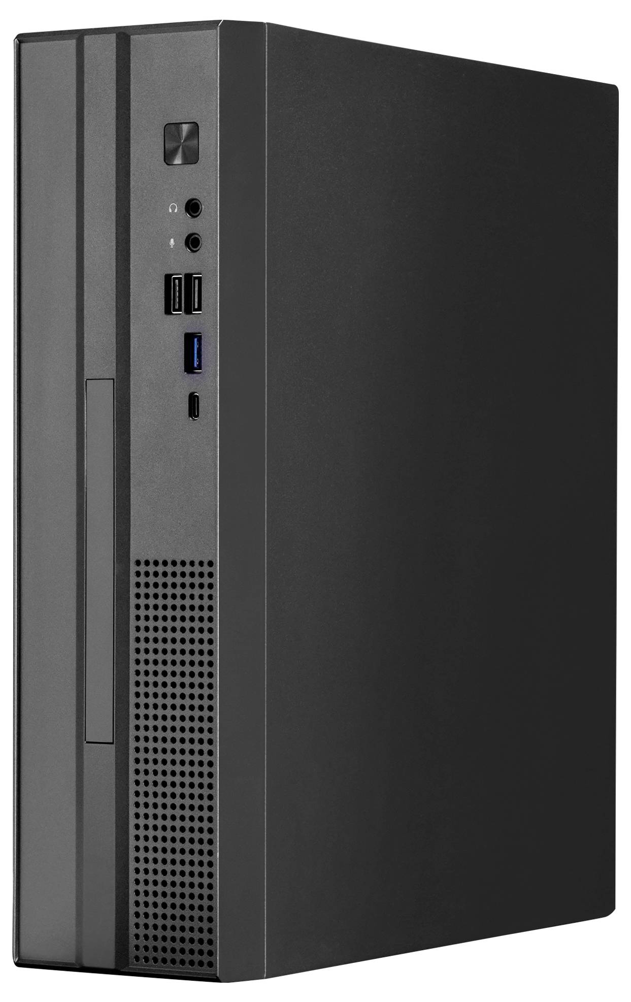 Schwarzer Desktop-Computer-Turm in Dreiviertelsicht dargestellt, mit Netzschalter an der Vorderseite, Kopfhörer- und USB-Anschlüssen sowie belüftetem Unterpanel.