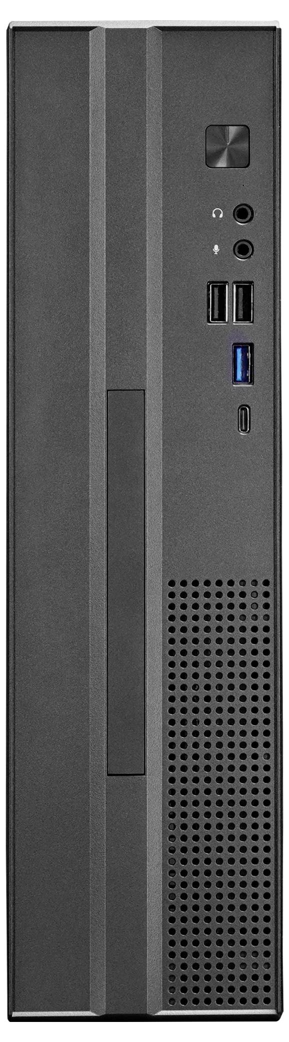 Vorderansicht eines schwarzen Desktop-Computer-Towers mit Netzschalter, Audiobuchse, USB-Anschlüssen und Lüftungsgitter auf der Frontplatte.