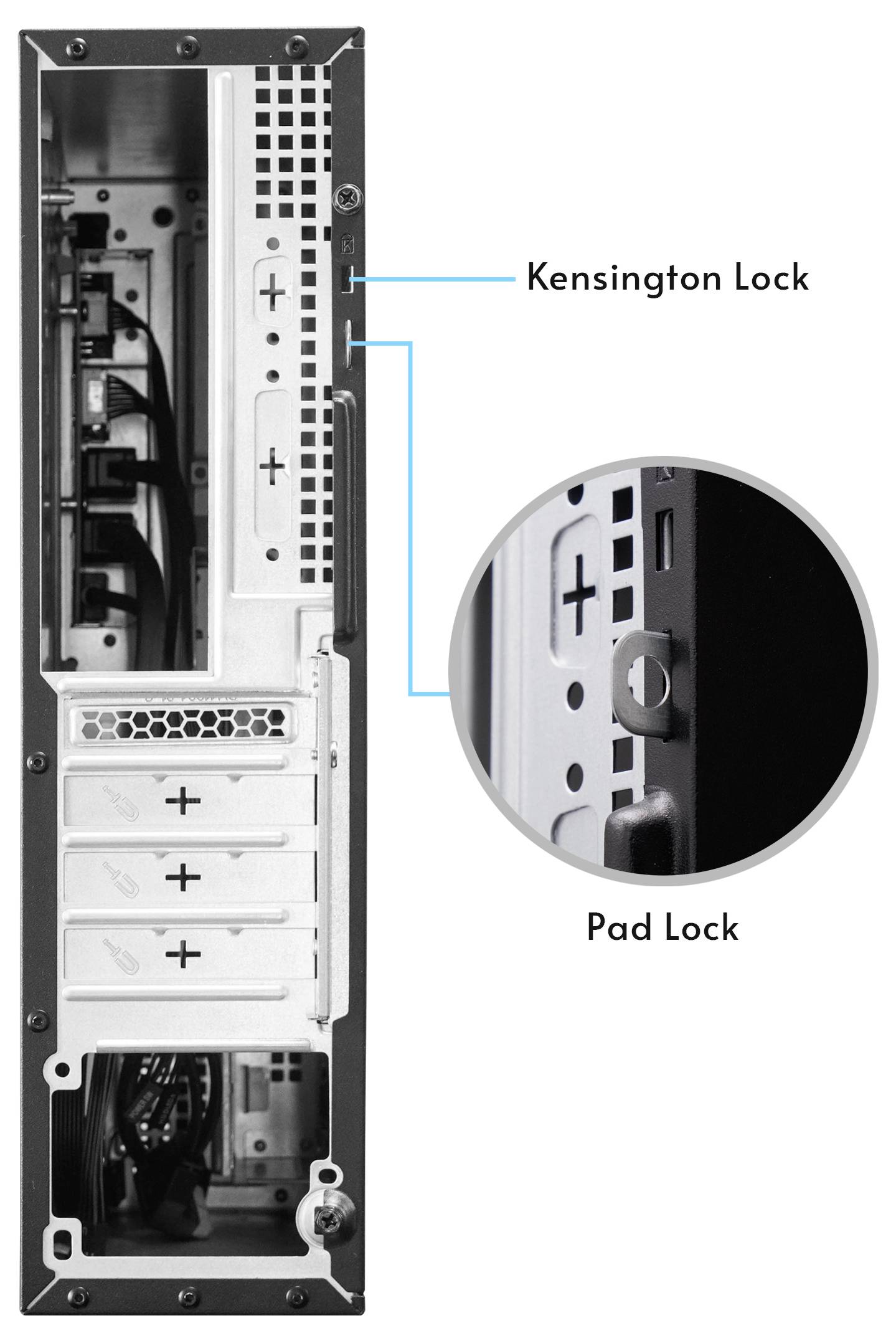 Computerturm-Rückseite mit Kensington-Lock und Vorhängeschloss-Sicherungspunkten, mit einer Nahaufnahme im Einsatzfenster, die den Vorhängeschloss-Schlitz hervorhebt.