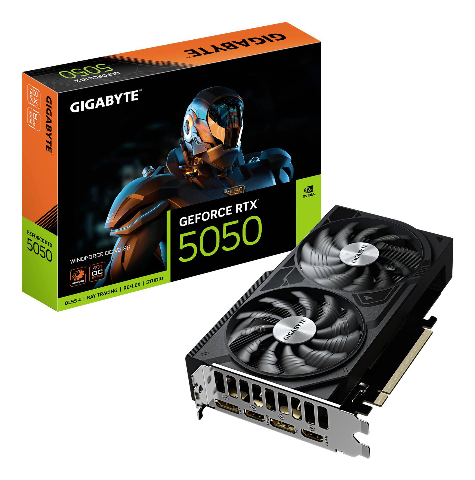 Gigabyte GeForce RTX 5050 Grafikkarte mit ihrer Verkaufsverpackung auf weißem Hintergrund dargestellt.