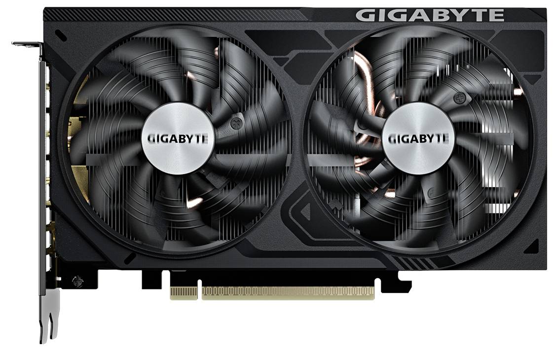 Gigabyte-Grafikkarte mit dualen Kühlventilatoren und PCIe-Anschluss, Vorderansicht auf weißem Hintergrund.
