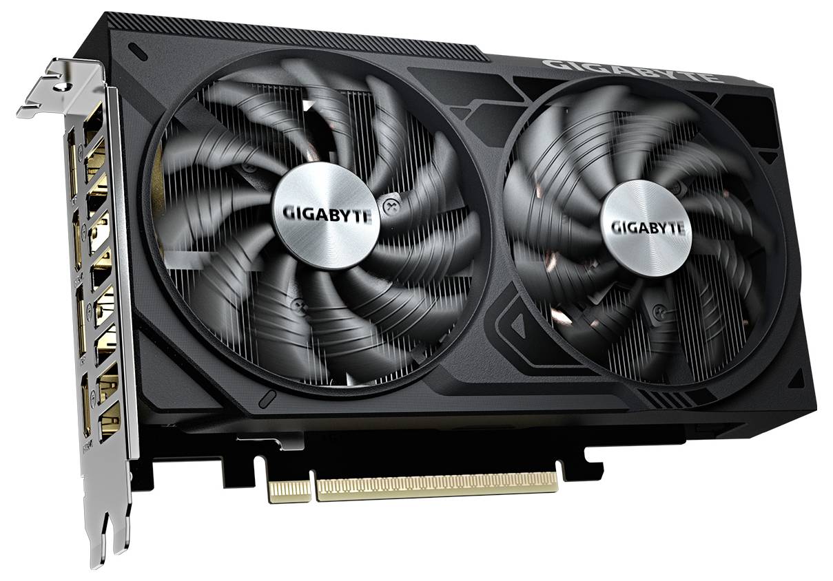 Grafikkarte mit zwei Lüftern von Gigabyte, auf weißem Hintergrund dargestellt, mit sichtbaren Displayanschlüssen und PCIe-Anschluss.