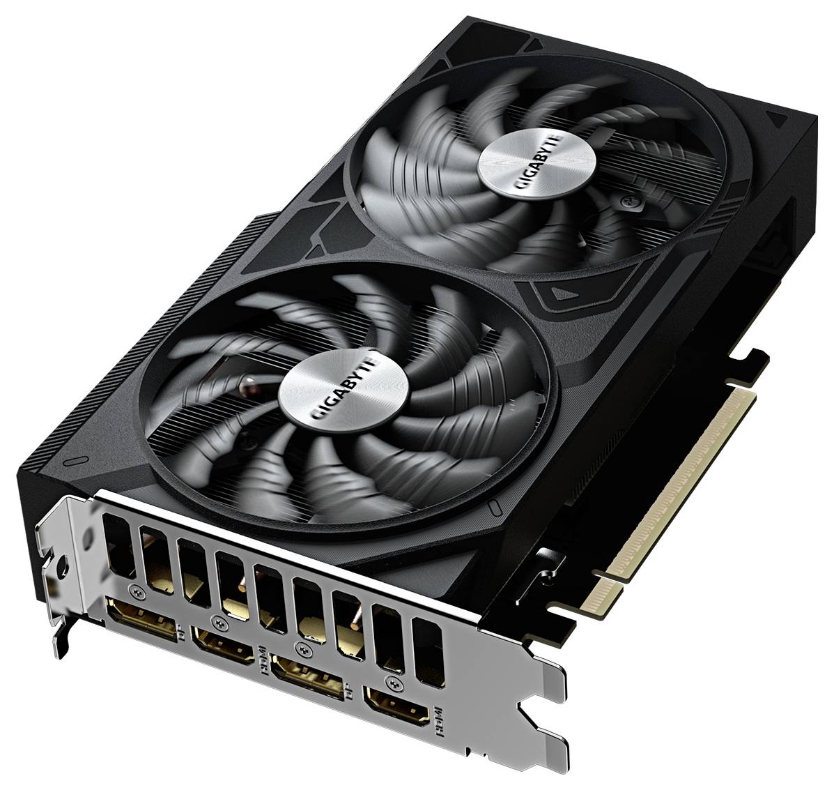 Gigabyte-Grafikkarte mit Doppellüfter in schrägansicht, mit mehreren Anzeigeports an der Halterung und goldenem PCIe-Anschluss.