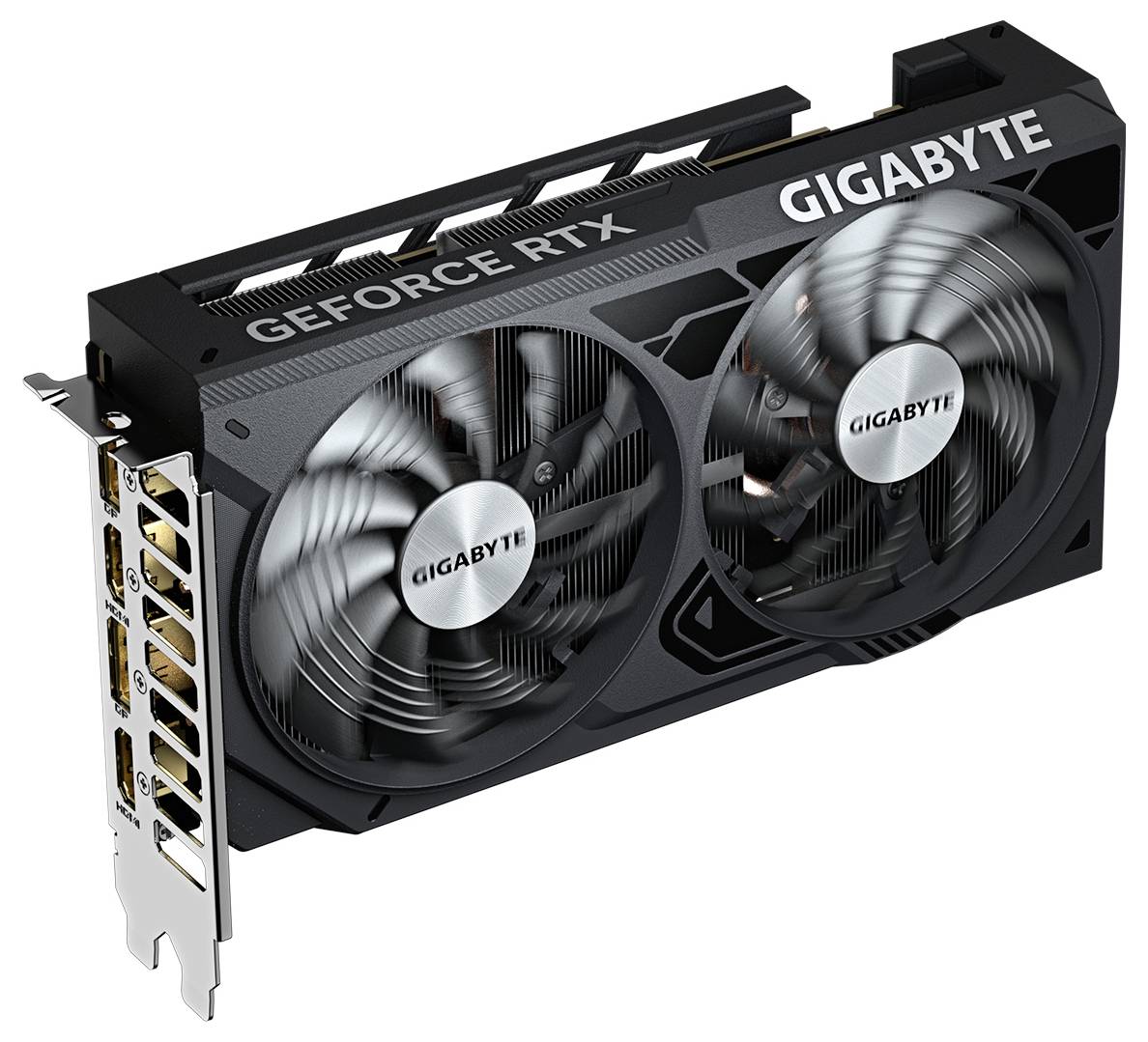 Gigabyte GeForce RTX Grafikkarte mit zwei Kühlventilatoren und mehreren Anzeigeports auf der hinteren Halterung.