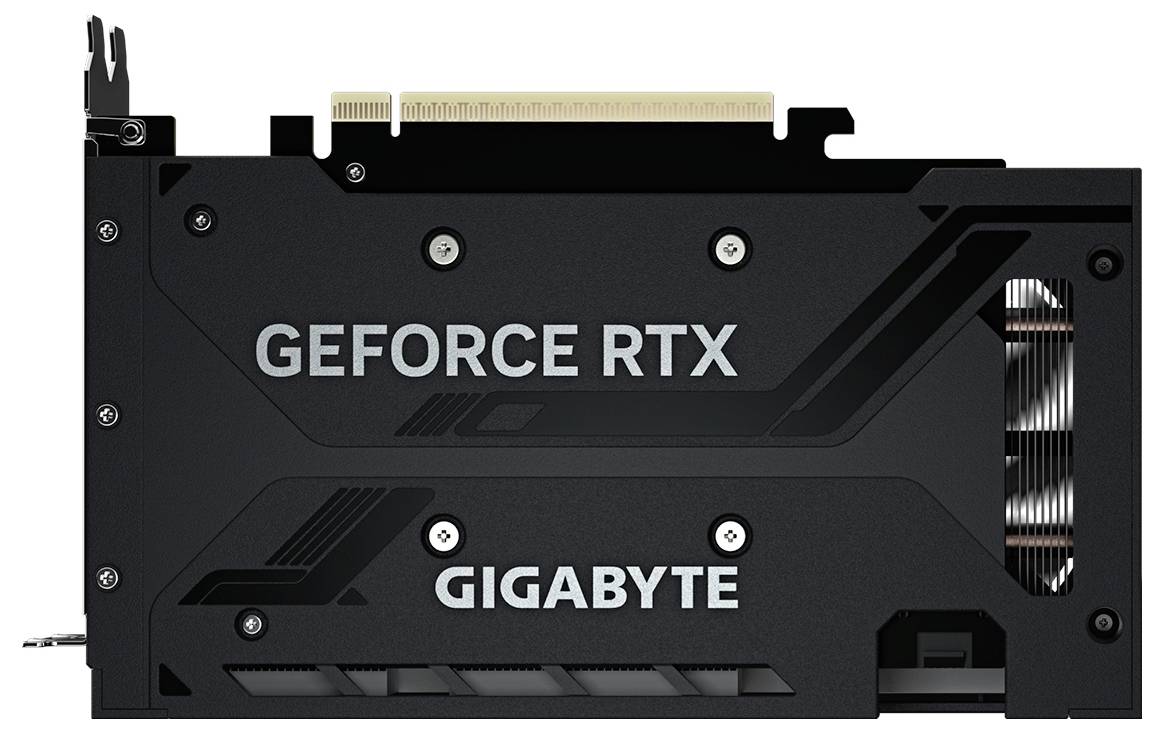 Schwarze GIGABYTE GeForce RTX Grafikkarte mit Dual-Fan-Shroud und sichtbarem PCIe-Stecker