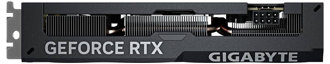 Gigabyte GeForce RTX Grafikkarte, Seitenansicht mit Kühlventilator und Stromanschluss.