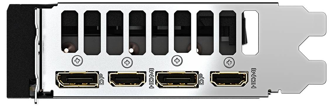 Nahaufnahme einer Grafikkartenkonsole mit vier HDMI-Anschlüssen und Belüftungsschlitzen auf einer metallenen Rückplatte.
