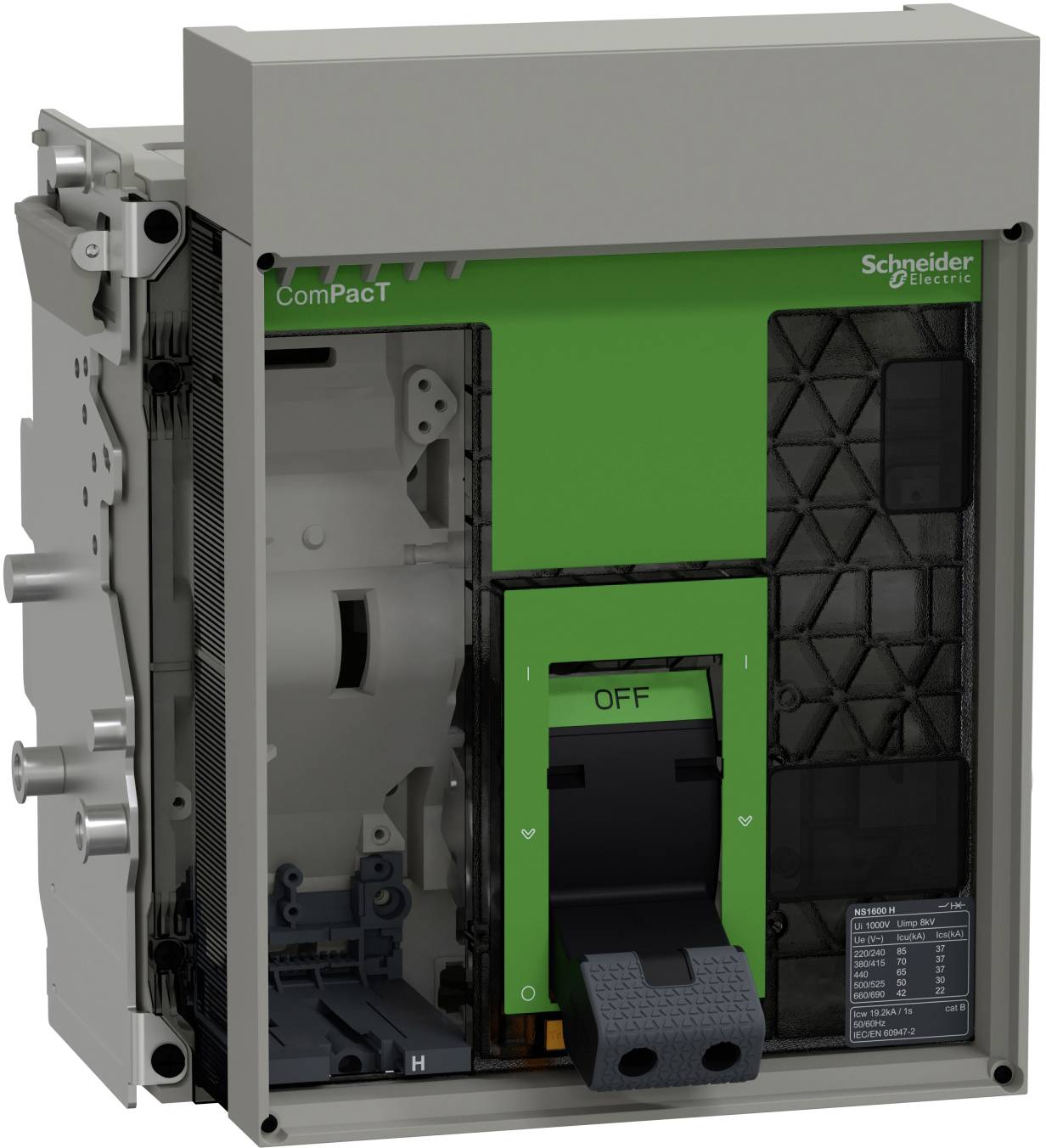 Offener Stromverteilerschrank, Schneider Electric ComPacT-Einheit mit grüner Front und schwarzem Griff.