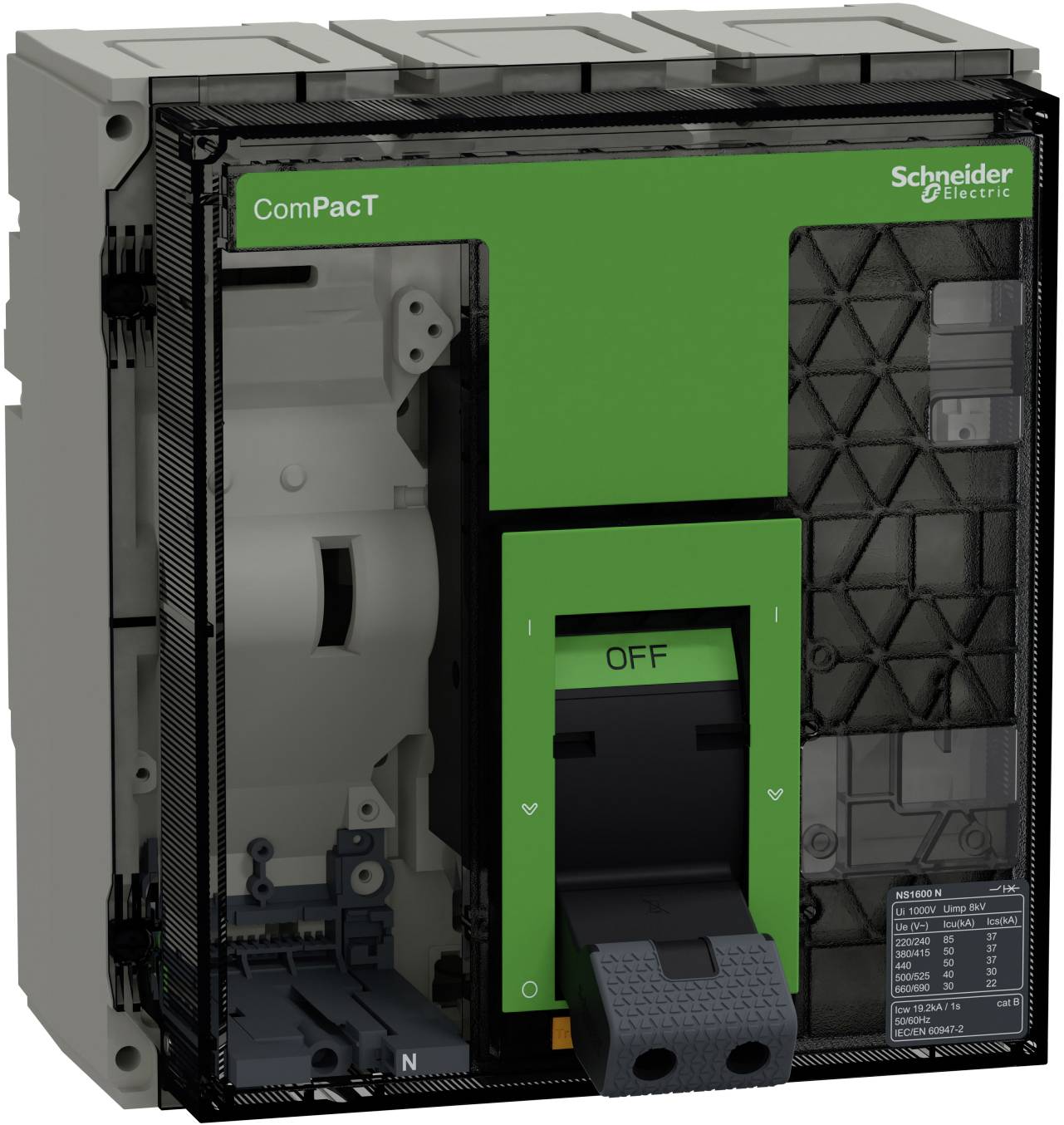 Schneider Electric ComPacT Leistungsschalter mit grünem Frontschalter in AUS-Stellung und sichtbarem offenem internen Schaltschrank.