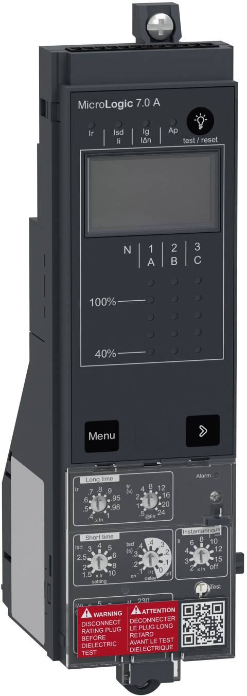 Vorderansicht einer Schneider Electric MicroLogic 7.0 A Auslöseeinheit für Leistungsschalter mit Display, Steuertasten, Einstellreglern, Warnhinweis und QR-Code.