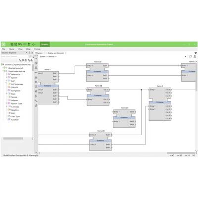 Ein Blockdiagramm in der App „Engineering Automation Expert", das mehrere benannte Komponenten zeigt, die durch Verbindungsleitungen in einer Systemarchitektur-Ansicht miteinander verknüpft sind.