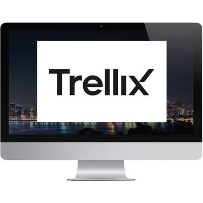 Ein Computermonitor zeigt das Trellix-Logo auf einem weißen Bildschirm vor einem Stadtbild-Hintergrund an.