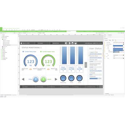 Dashboard-Benutzeroberfläche mit dem Titel „STATUS MONITORING 1" zeigt aktuelle Füllungs- und Hoppervolumen-Messgeräte bei 123 kg und 123 Litern sowie drei vertikale Balken für Gewicht, Kapazität und Gesamtlast.