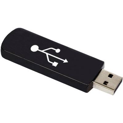 Schwarzes USB-Speicherstick mit einem teilweise herausgezogenen USB-Stecker, dargestellt auf weißem Hintergrund.