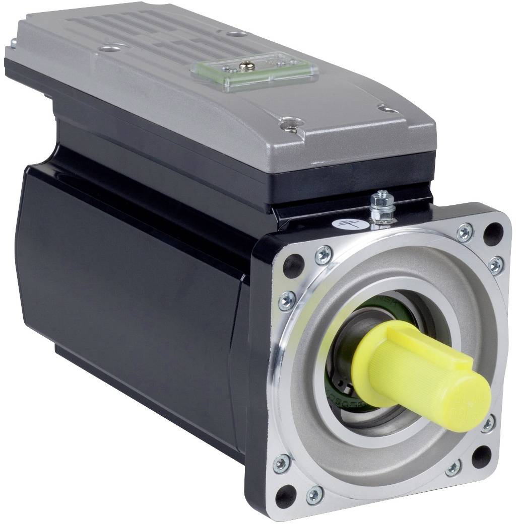 Industrieller elektrischer Servomotor mit gelbem Schaft, gezeigt in einer Studio-Produktfoto auf weißem Hintergrund.
