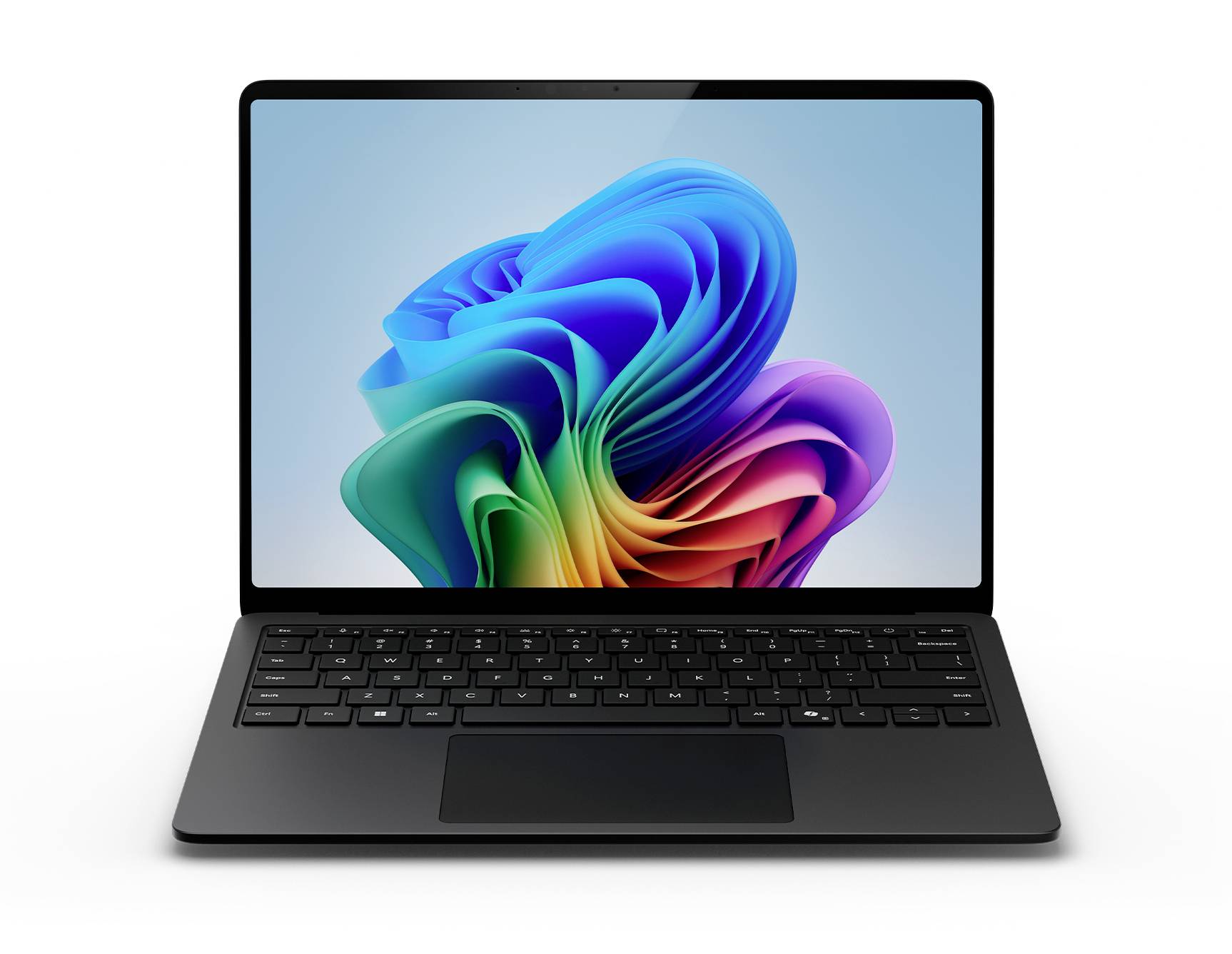 Ein schwarzer Laptop mit einer farbenfrohen abstrakten Blumen-Tapete auf dem Bildschirm, aufgeklappt vor weißem Hintergrund dargestellt.
