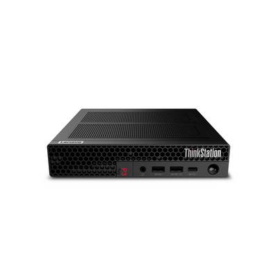 Vorderansicht eines Lenovo ThinkStation Desktop-Computers mit Wabenstruktur-Gitter, Ein-/Ausschalter und vorderen USB-Anschlüssen.