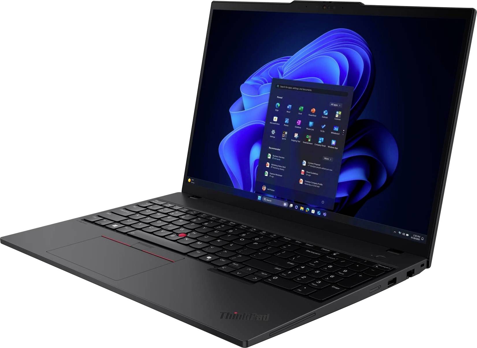 Schwarzes Lenovo ThinkPad-Laptop, aufgeklappt auf weißem Hintergrund gezeigt, mit Windows 11 auf dem Bildschirm angezeigt.