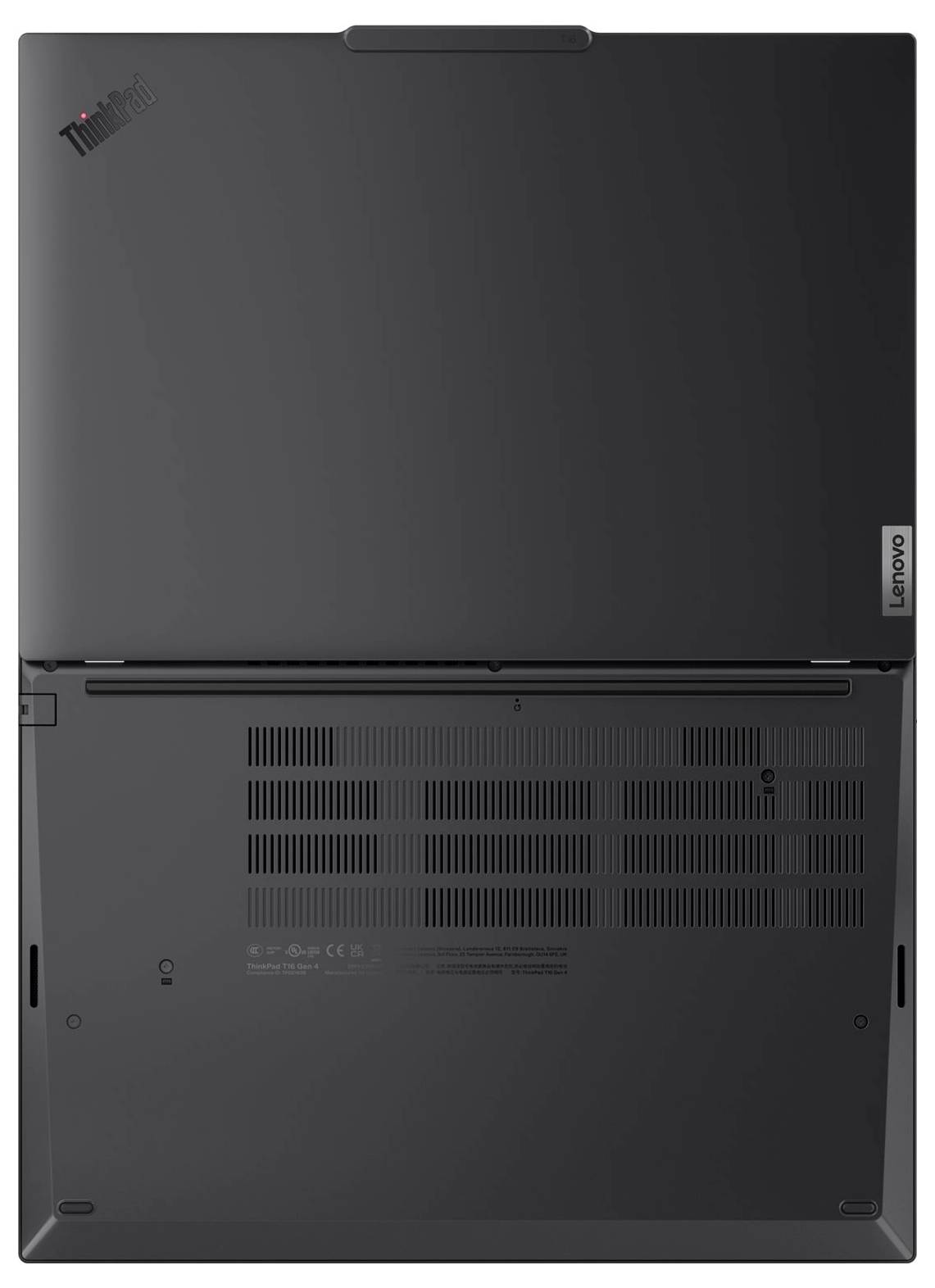 Unteransicht eines Lenovo ThinkPad Laptops, die die geschlossene Unterseite mit Lüftungsgittern und Gummifüßen zeigt.