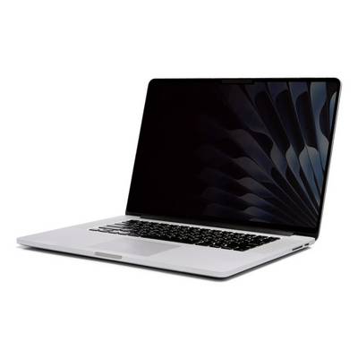 Silberner Laptop mit geöffnetem dunklem Bildschirm auf weißem Hintergrund, leicht im Winkel dargestellt.