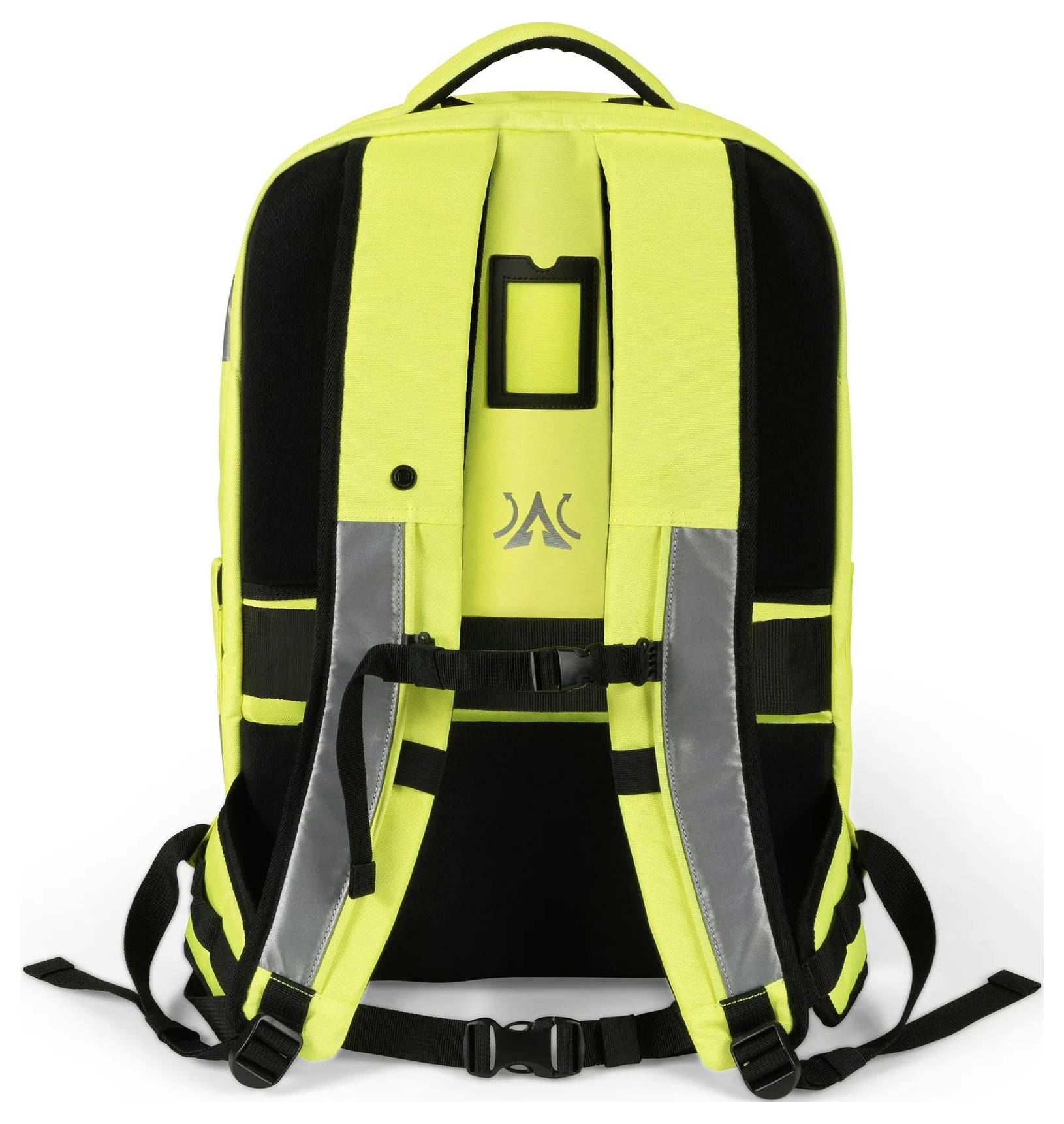 Leuchtend gelber und schwarzer Rucksack mit gepolsterten Trägern, reflektierenden Panels, oberer Griffschlaufe und Schnallengurten, Vorderansicht auf weißem Hintergrund dargestellt.