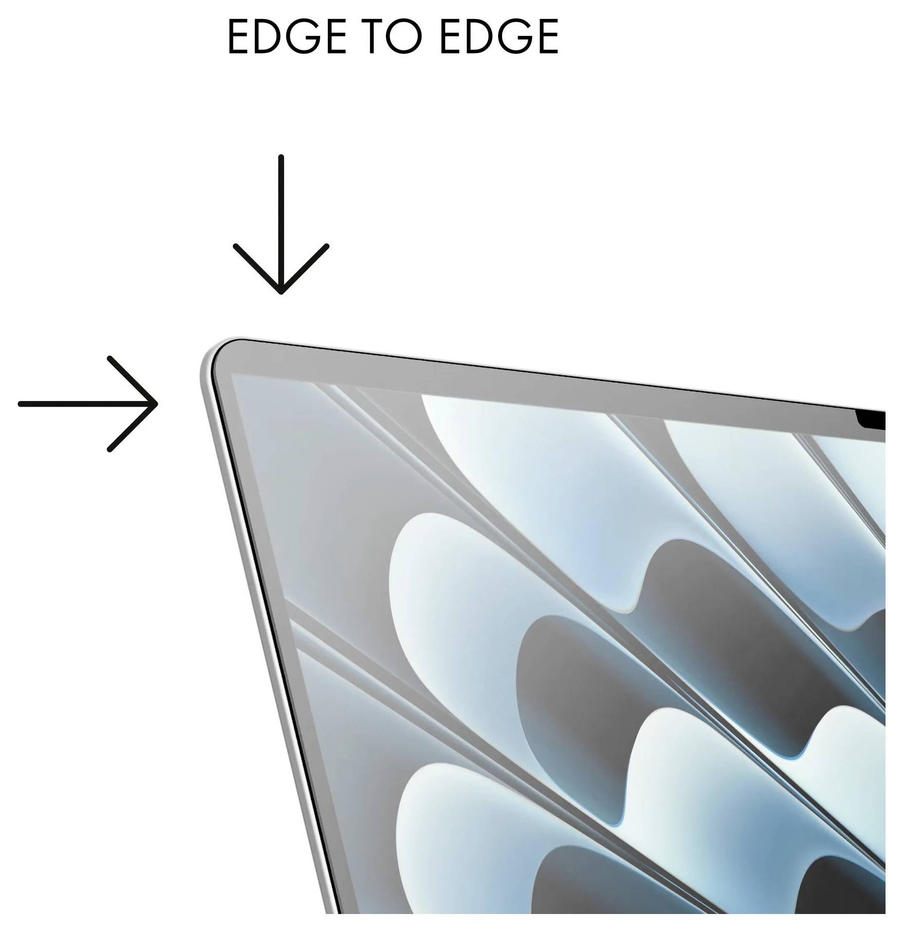 Laptop-Display von Kante zu Kante mit Pfeilen, die auf die oberen und linken Displayrahmen zeigen und den dünnen Bildschirmrand hervorheben.