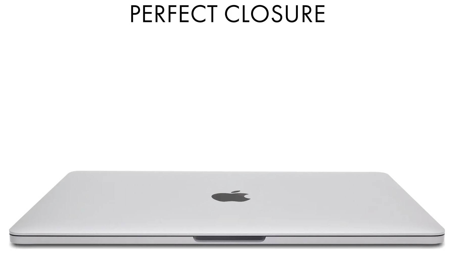 Geschlossenes silbernes MacBook Pro auf weißem Hintergrund mit dem Text „PERFECT CLOSURE" darüber.