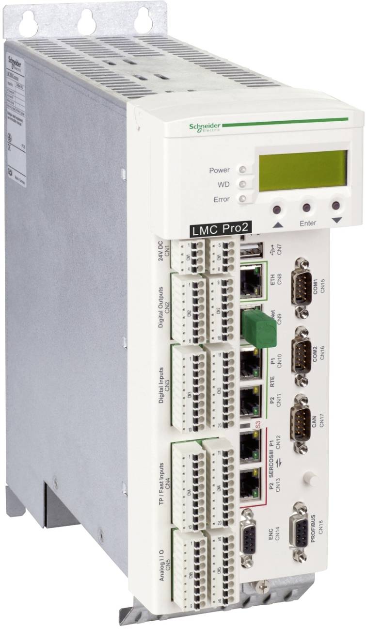 Schneider Electric LMC Pro2 Industrieregler-Modul mit Statusanzeige und mehreren Ethernet-, Seriell- und E/A-Anschlüssen.