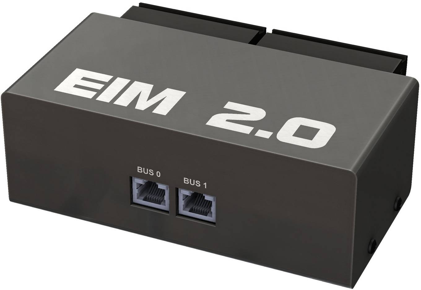 Schwarze elektronische Steuerbox mit der Bezeichnung "EIM 2.0" mit zwei vorderen Ethernet-Anschlüssen mit den Bezeichnungen "BUS 0" und "BUS 1".