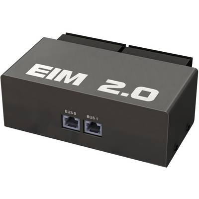 Schwarze elektronische Steuerbox mit der Bezeichnung "EIM 2.0" mit zwei vorderen Ethernet-Anschlüssen mit den Bezeichnungen "BUS 0" und "BUS 1".