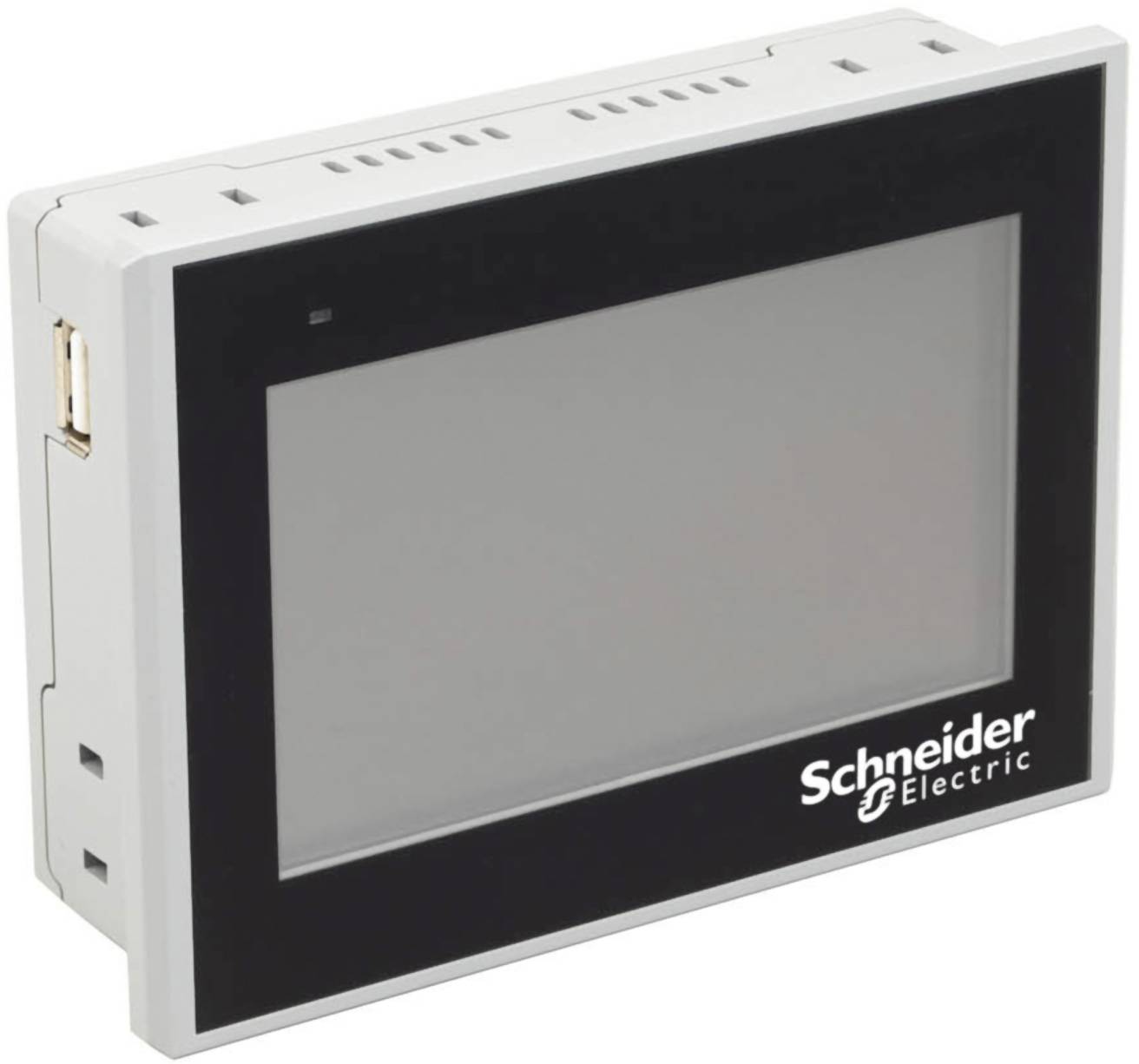 Schneider Electric wandmontiertes Touchscreen-Bedienfeld mit leerem Display und schwarzem Rahmen.