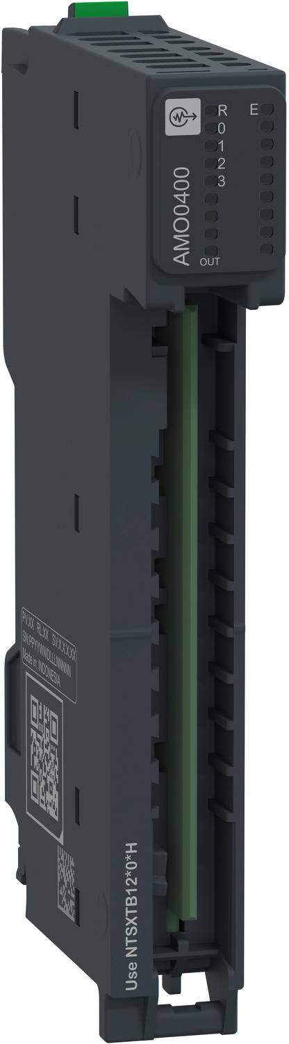 Schwarzes Industrie-E/A-Modul mit der Bezeichnung AMQ0400 mit Status-LEDs und Anschlussblock, in Seitenansicht dargestellt.