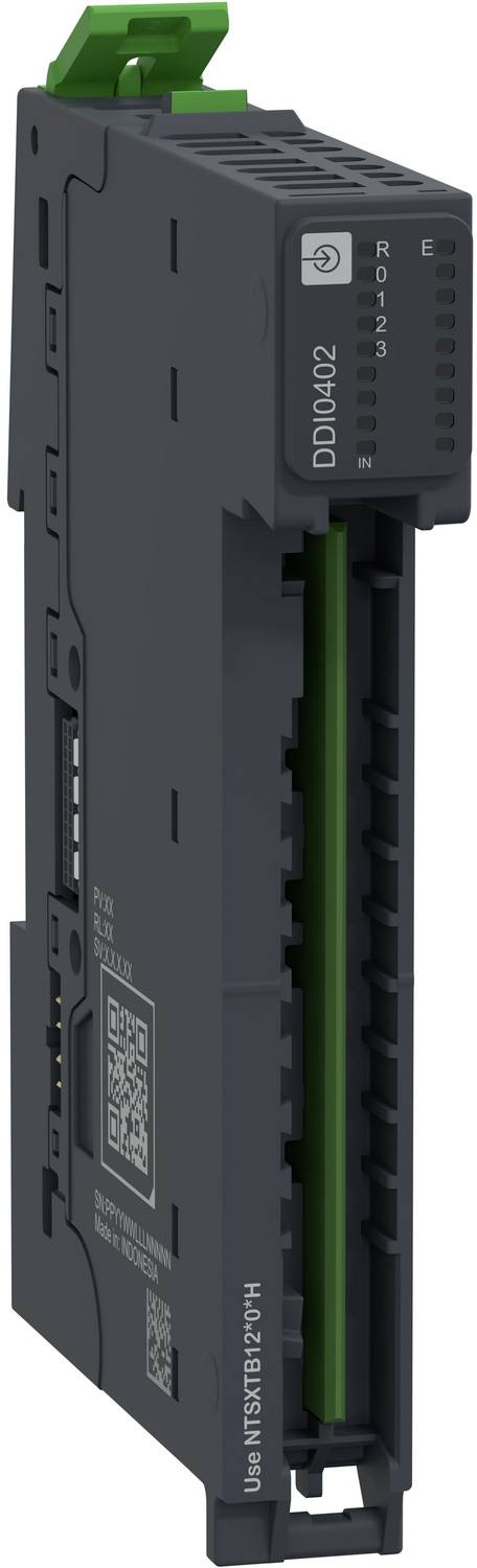 Schwarzes industrielles elektronisches Modul mit grünen Anschlusskonnektoren, gekennzeichnet mit DI0402, mit Status-LEDs und nummerierten Kanälen 0 bis 3.