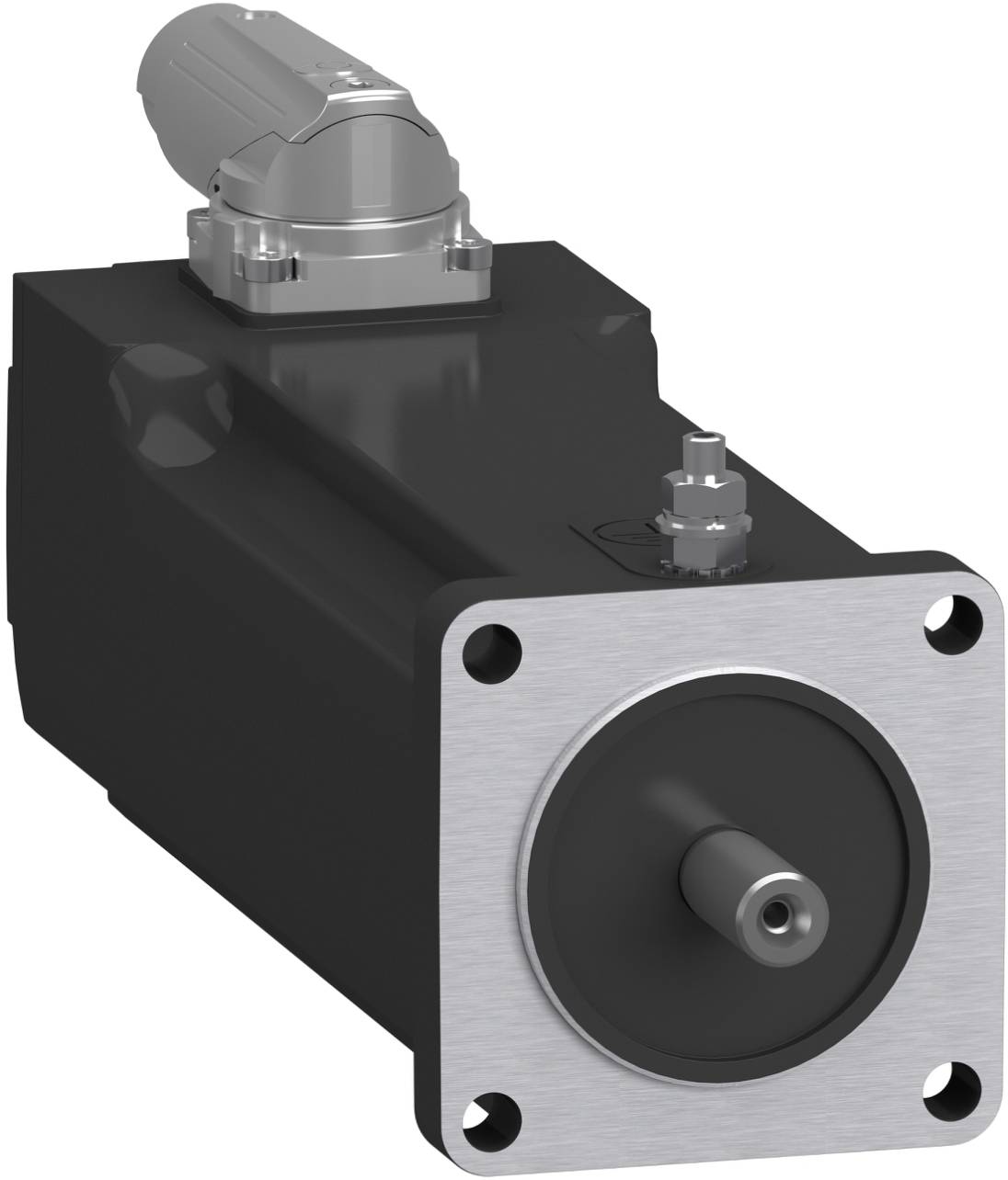 Industrieller Elektromotor mit schwarzem Gehäuse und silberner Befestigungsflansch, dargestellt in einer produktstylisierten Ansicht.