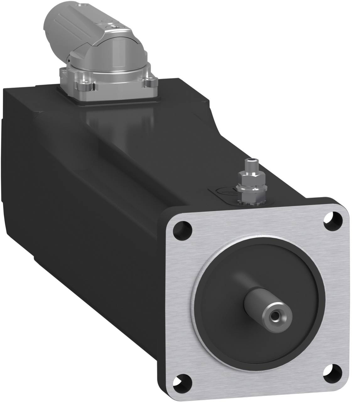 Industrieller Elektromotor mit quadratischer vorderer Montageplatte und vorstehendem Schaft, dargestellt in einer 3D-Produktvisualisierung auf weißem Hintergrund
