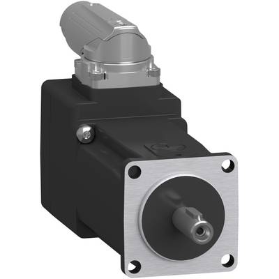 Industrieller elektrischer Servomotor mit schwarzem Gehäuse, silberner Montageflansch und vorstehender Welle, abgebildet auf weißem Hintergrund.