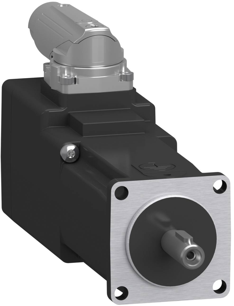 Industrieller Servomotor mit quadratischem Vorderflansch und zentraler Welle, dargestellt in einer produktstilisierten Darstellung auf weißem Hintergrund.