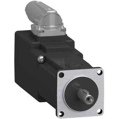 Industrieller Servomotor mit quadratischem Vorderflansch und zentraler Welle, dargestellt in einer produktstilisierten Darstellung auf weißem Hintergrund.