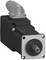 Industrieller Servomotor mit quadratischem Vorderflansch und zentraler Welle, dargestellt in einer produktstilisierten Darstellung auf weißem Hintergrund.